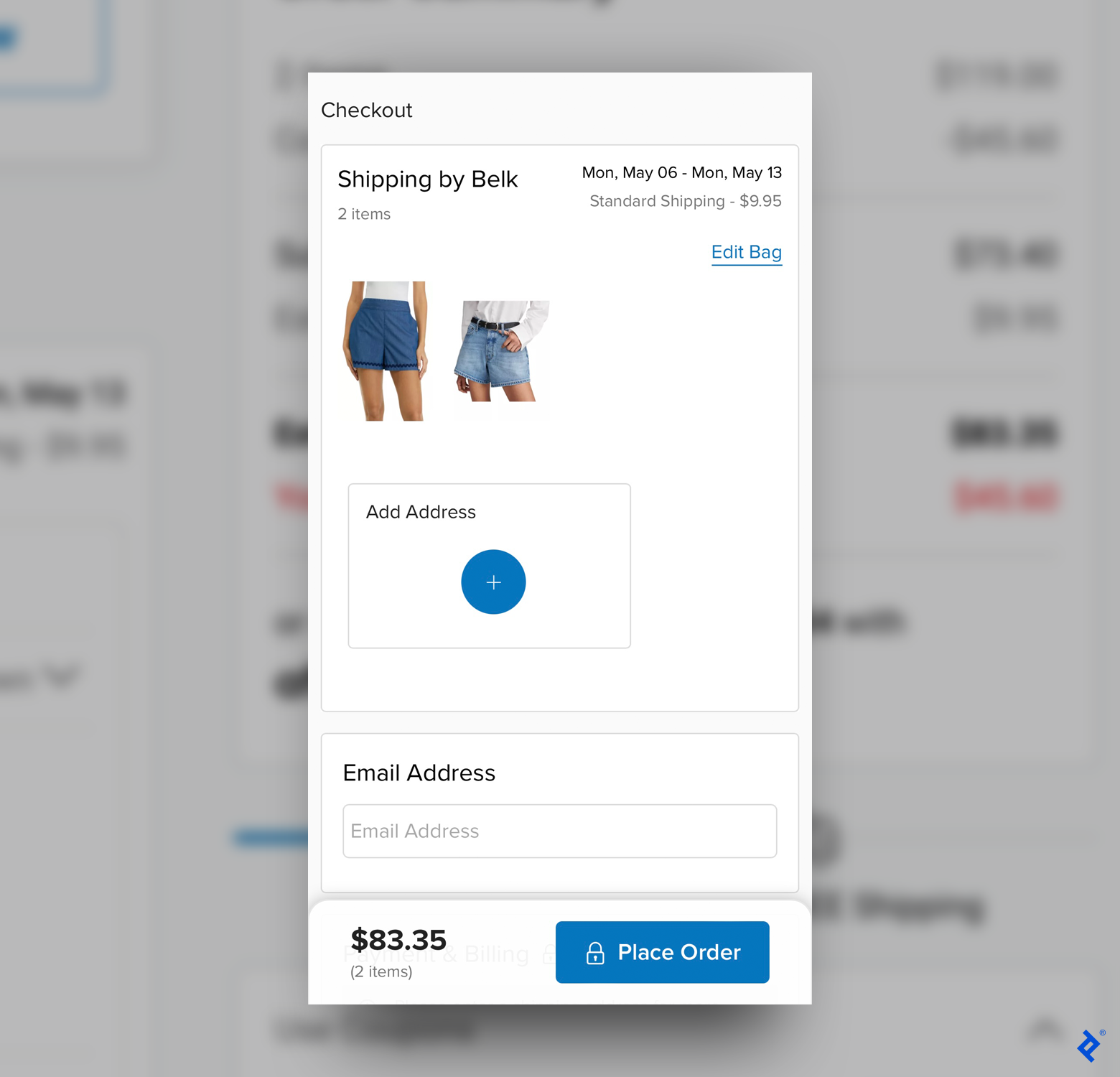 The redesigned checkout page shows two pairs of shorts, shipping method, fields for the user’s address and email, total cost, and a blue “place order” button.