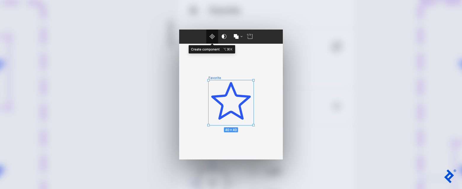 A screenshot of the star and a toolbar above it with four icons. A tooltip under the diamond icon reads, Create component.