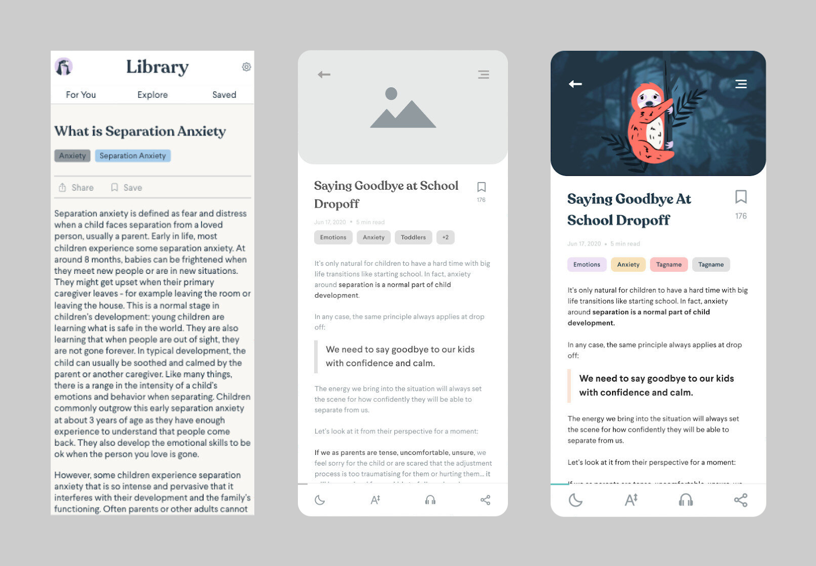 Three views of the resource hub from left to right: an early design of an article screen; a low-fidelity wireframe of the same article screen; the article screen, updated in high fidelity.