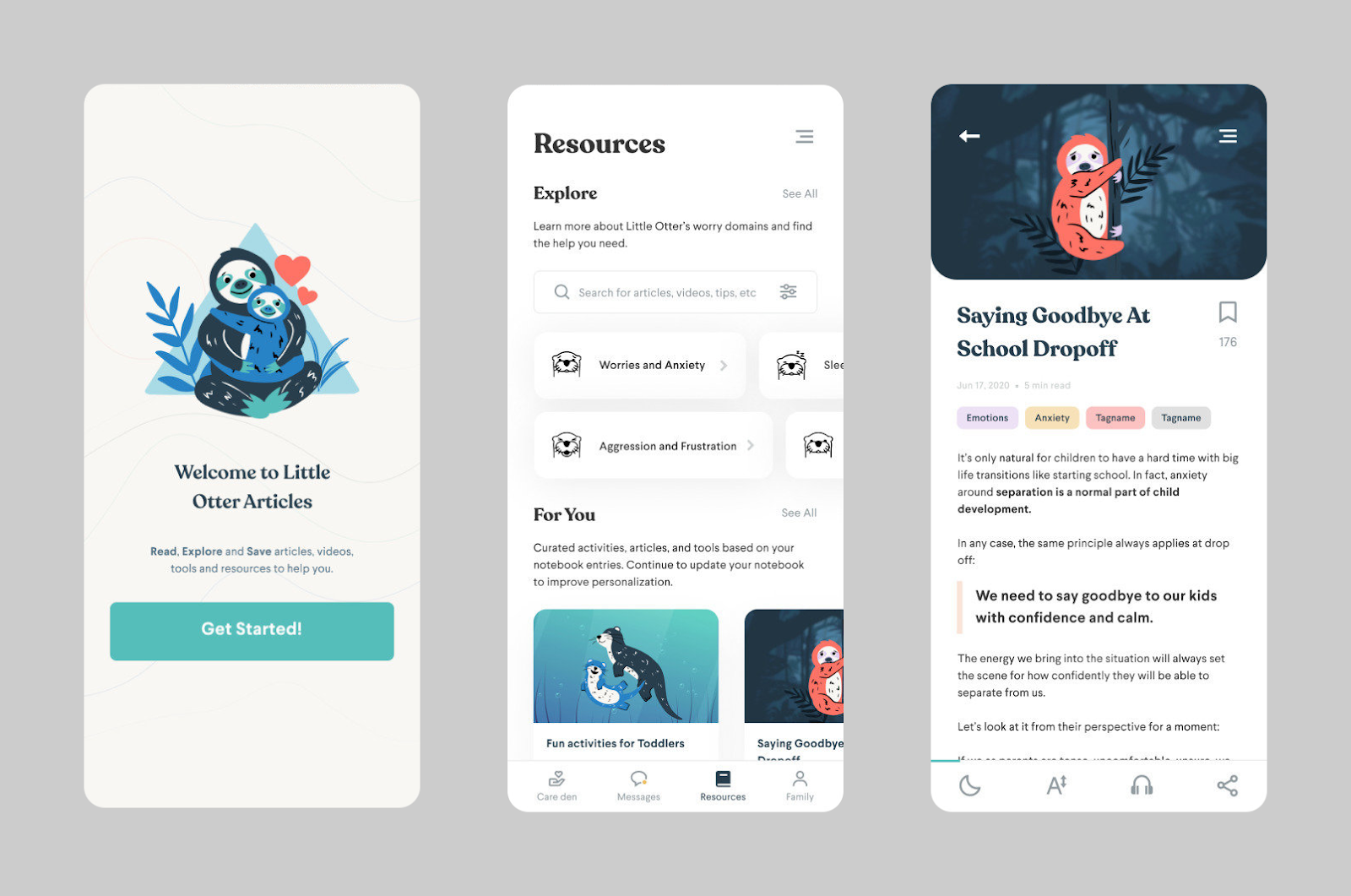 A view of the app’s improved resource hub. The images show the updated design, with reading categories, topic tags, and article previews.