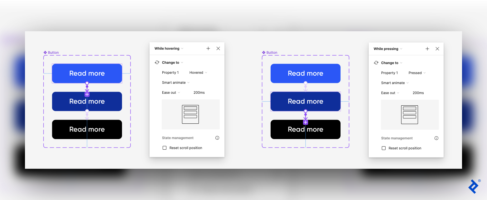 A screenshot shows three Read More buttons next to the “While hovering” settings on the left; on the right side it shows the same three buttons next to the “While pressing” settings.