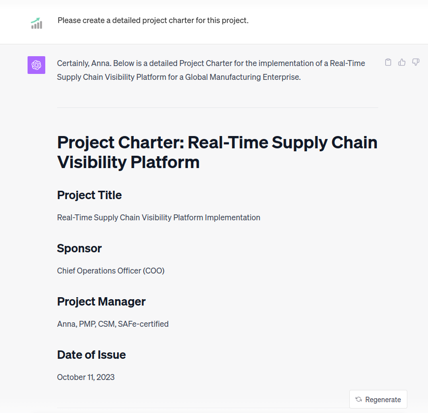 A ChatGPT-generated project charter shows the project title, sponsor, project manager, and date of issue.