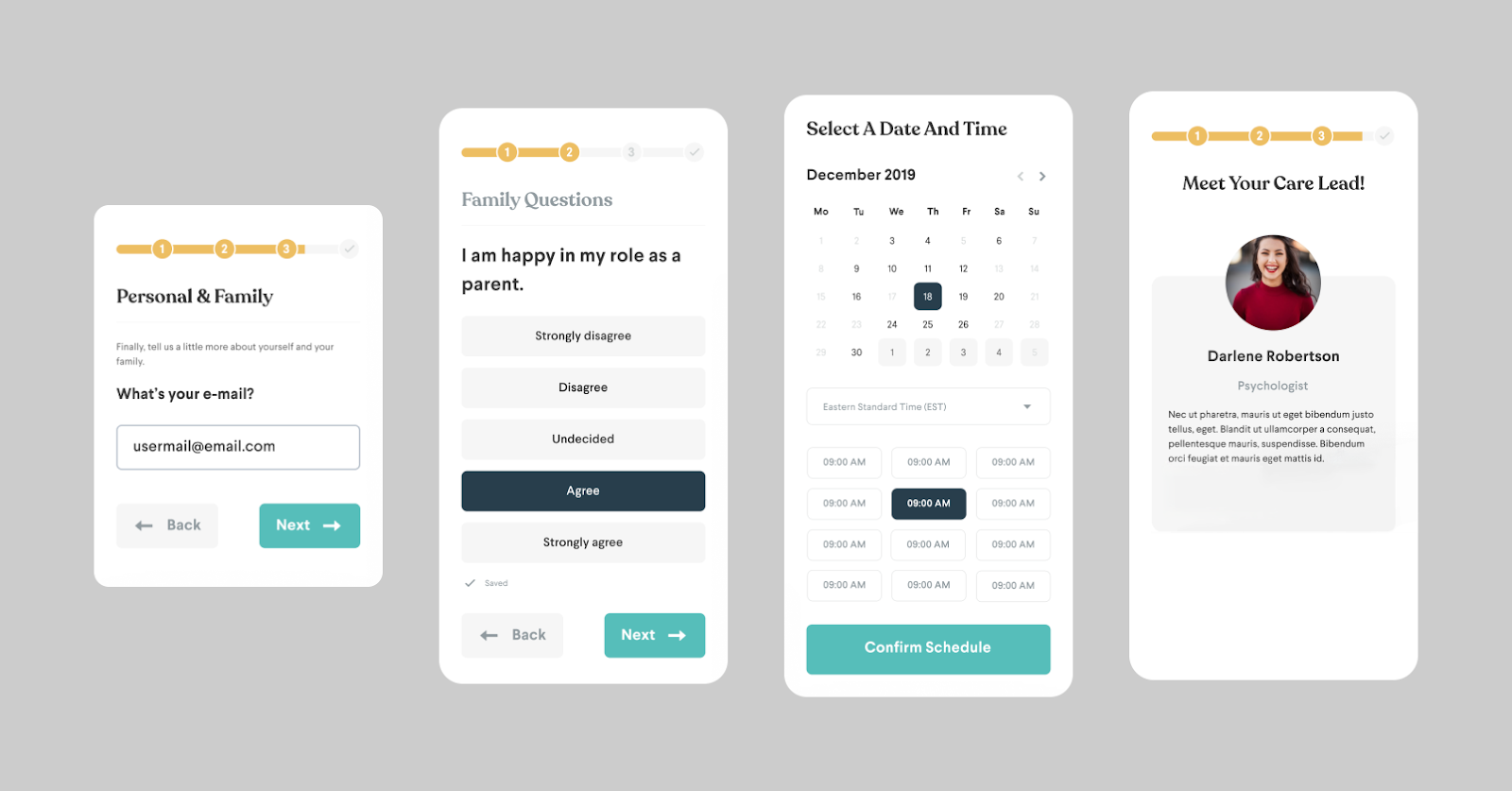 Four screenshots of the Little Otter mental health app show how designers added progress indicators and TK to ease onboarding.