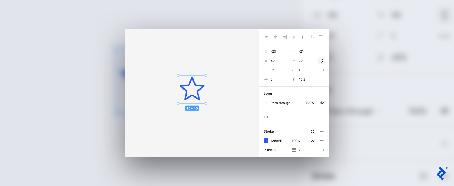A screenshot of Figma’s design mode with an empty star shape outlined in blue in the canvas and a customization panel on the right.