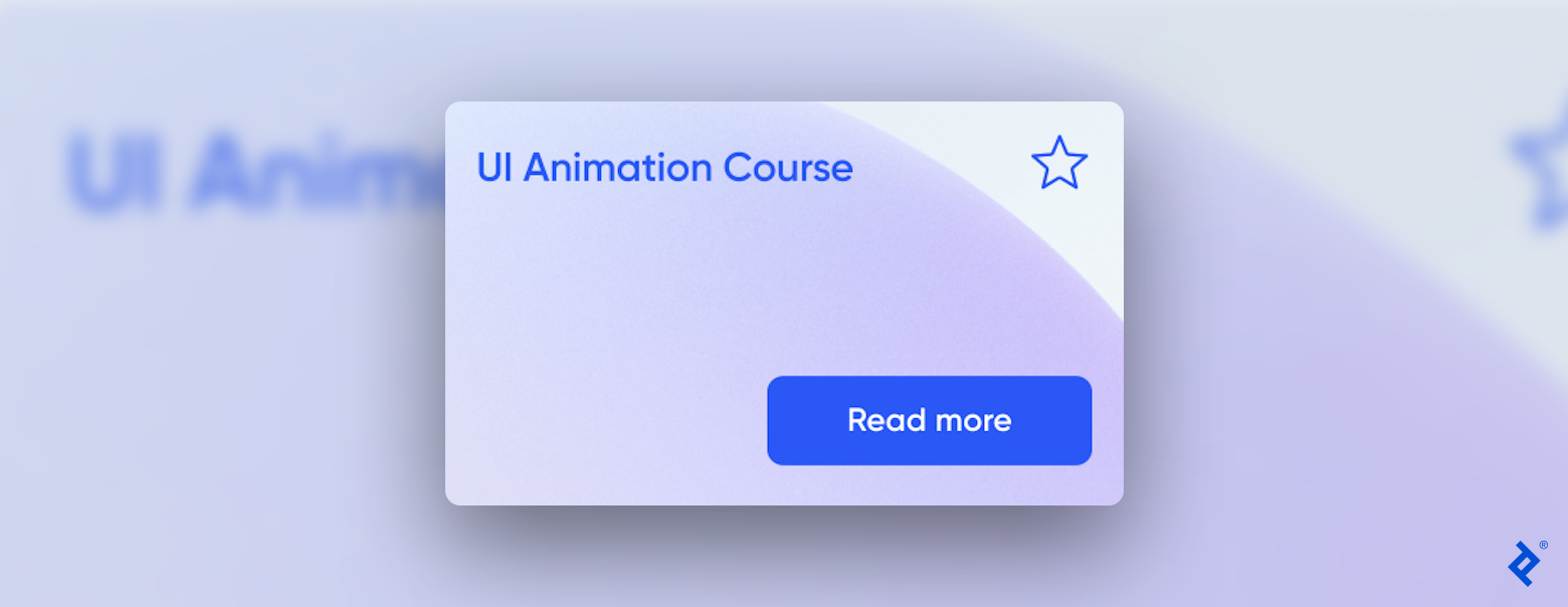 A screenshot of a product card titled UI Animation Course contains a star and a Read More button