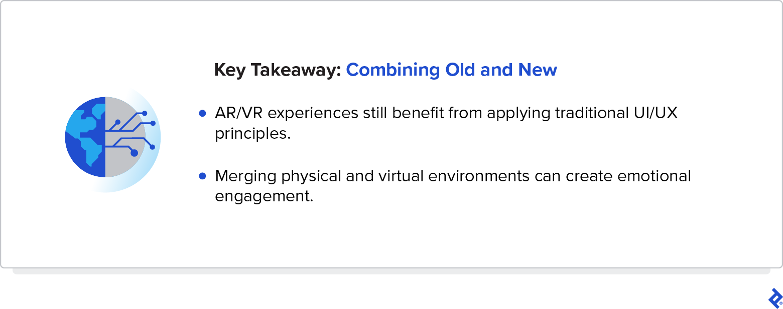 A key takeaway about immersive design says to apply traditional UI/UX principles and merge physical and virtual environments to create emotional engagement.