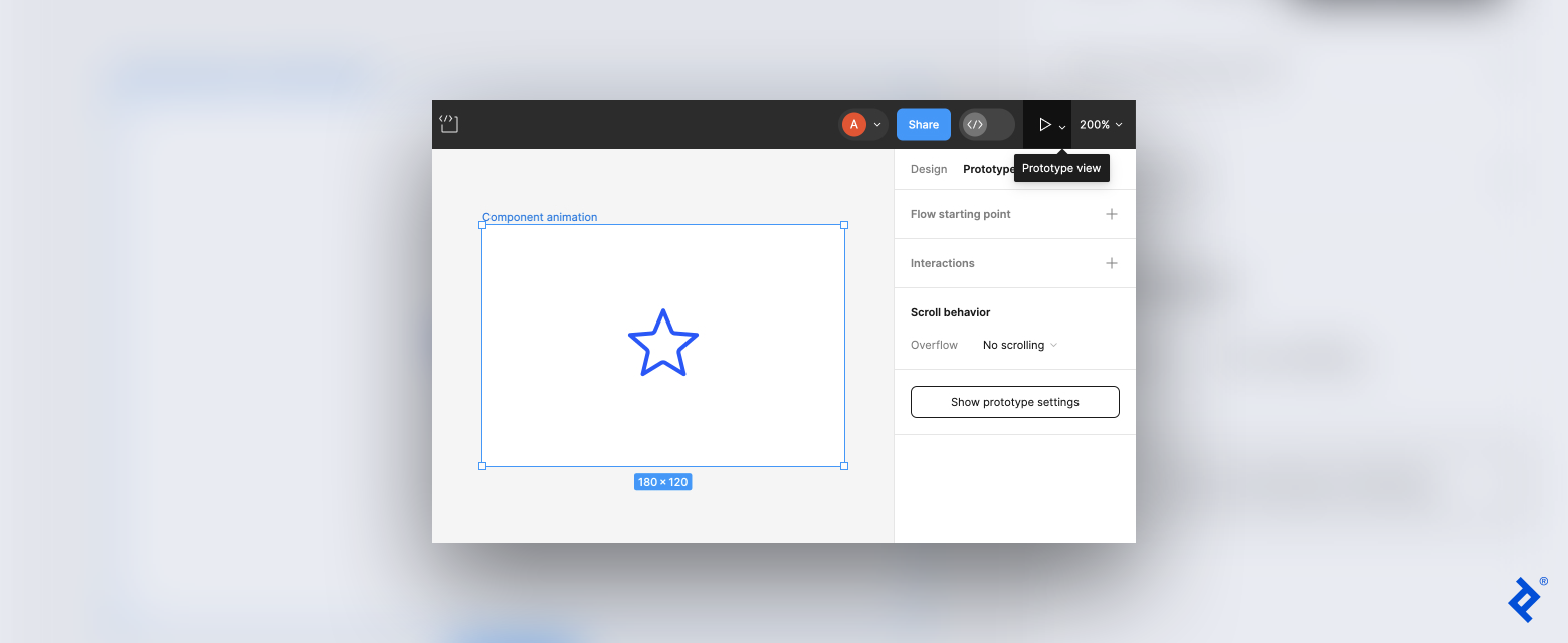 A screenshot of the default variant in a frame. The cursor hovers over a triangle in the upper-right corner that reads Prototype view.