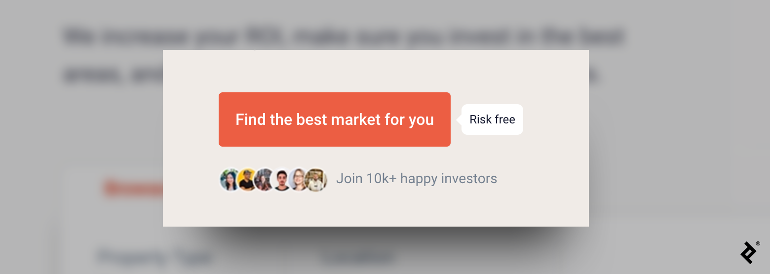 A large call-to-action button and microcopy that reads “Join 10k+ happy investors” on the DoorProfit homepage.