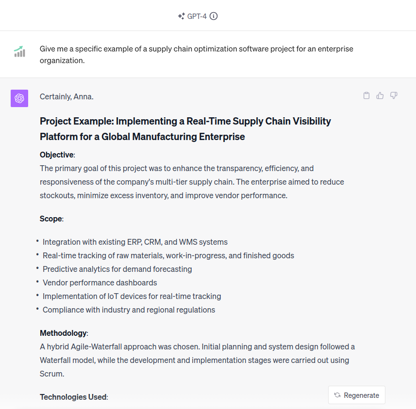 A ChatGPT-generated description of an enterprise software project shows objectives, scope, methodology, and technologies needed.