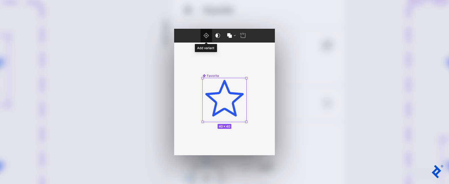 A screenshot of the component and a toolbar above it with four icons. The diamond icon has a plus sign inside it, and its tooltip reads, Add variant.