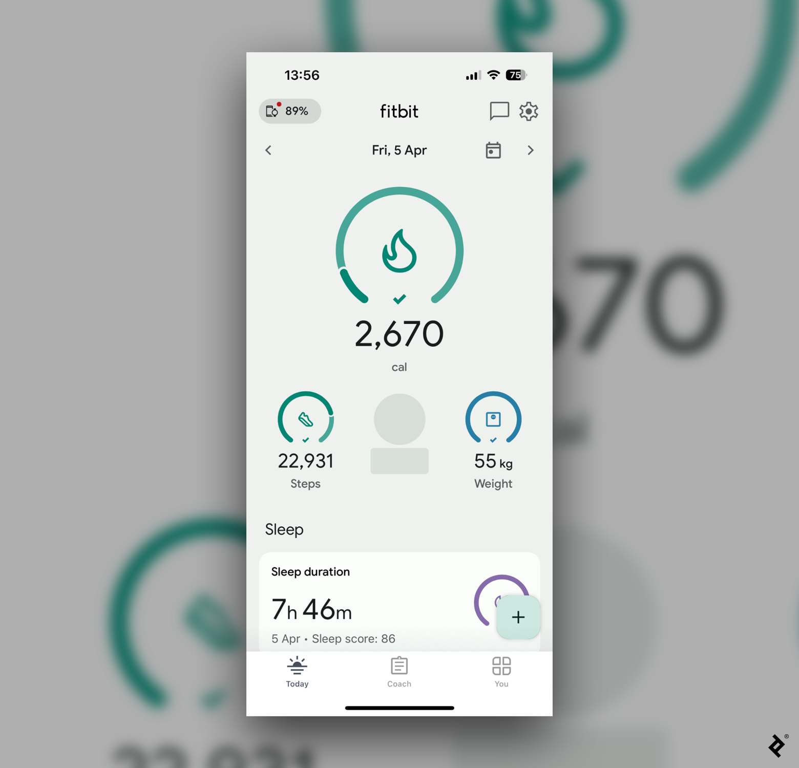 The Fitbit mobile app dashboard shows an overview of a user’s daily activities, including the number of steps taken and calories burned.