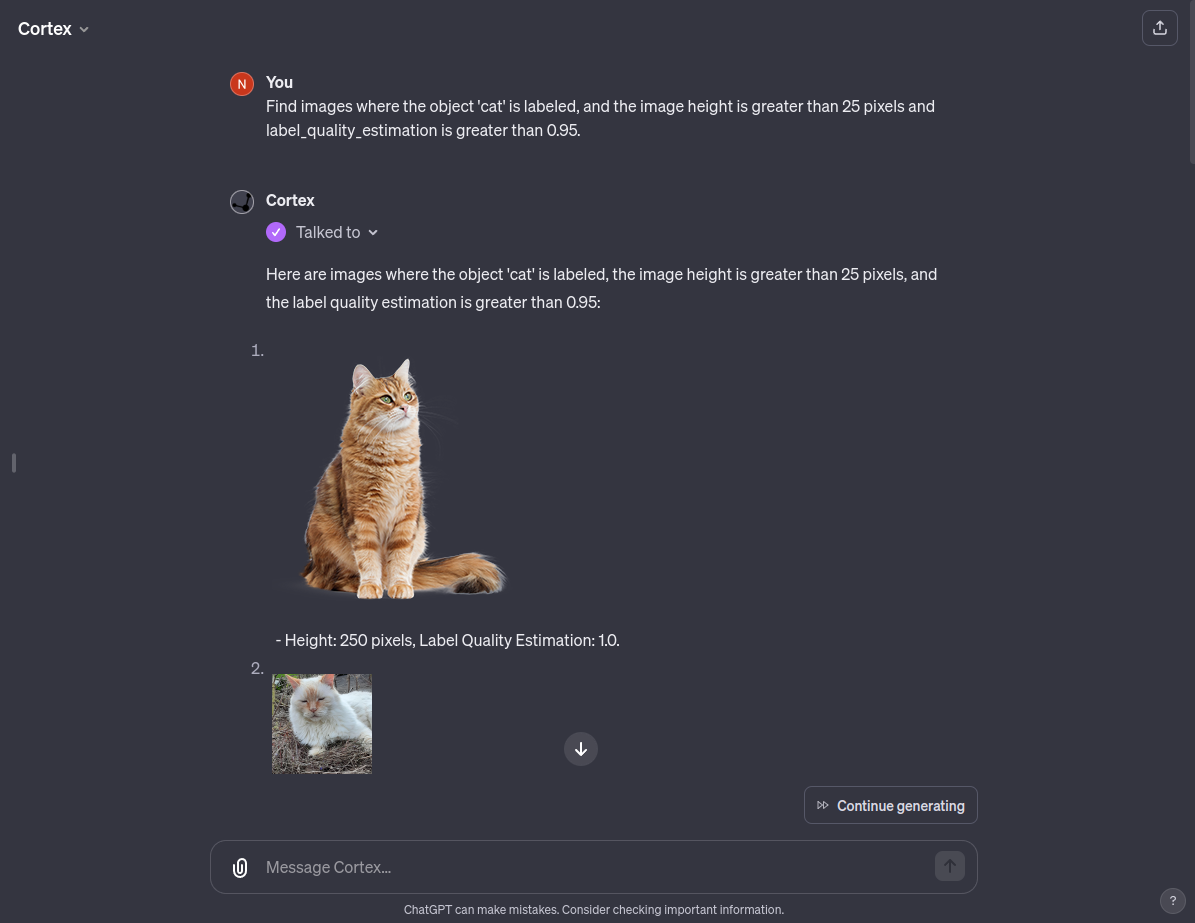A Cortex ChatGPT demonstration displays a prompt asking it to find images with “cat” labels and other parameters; the chatbot’s reply displays two matching cat images.