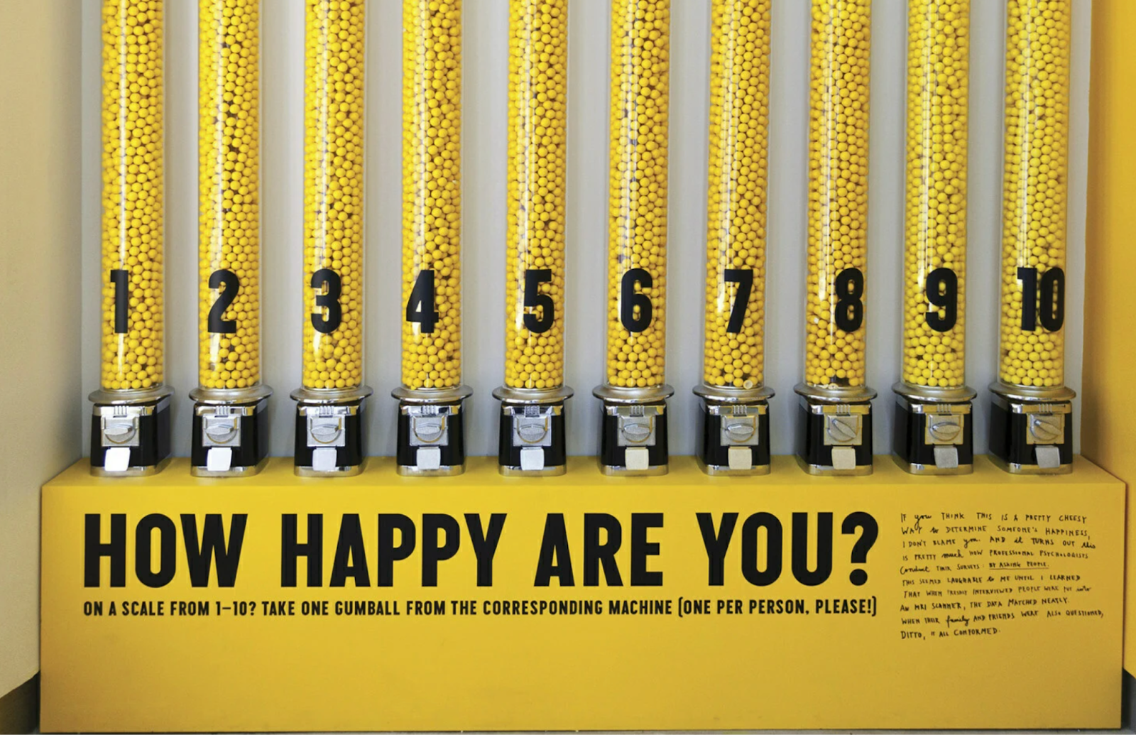 Gumball dispensers in a display are numbered 1 to 10, with instructions to take one that corresponds to your level of happiness.