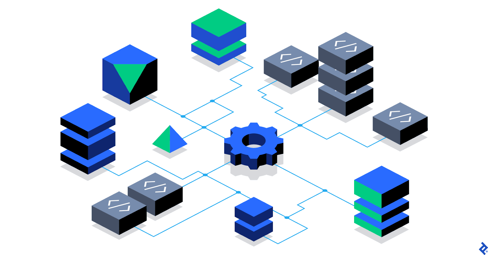 Blue, green, and gray stacks of interconnected cubes representing the various services and software in a typical technology stack.