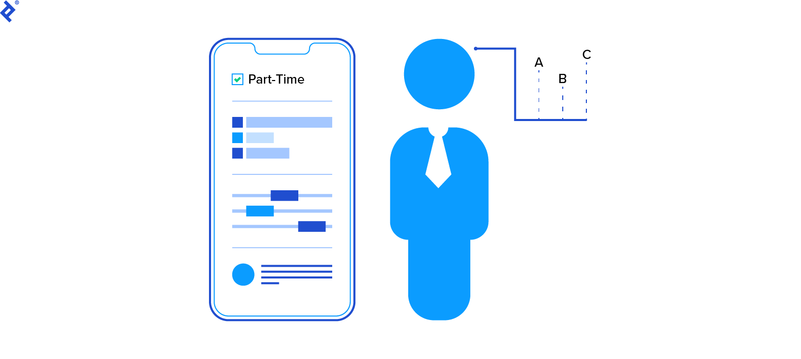 A silhouette of a person wearing a suit stands beside a phone displaying an employment record titled “Part-Time.” A thought bubble displays a small chart.