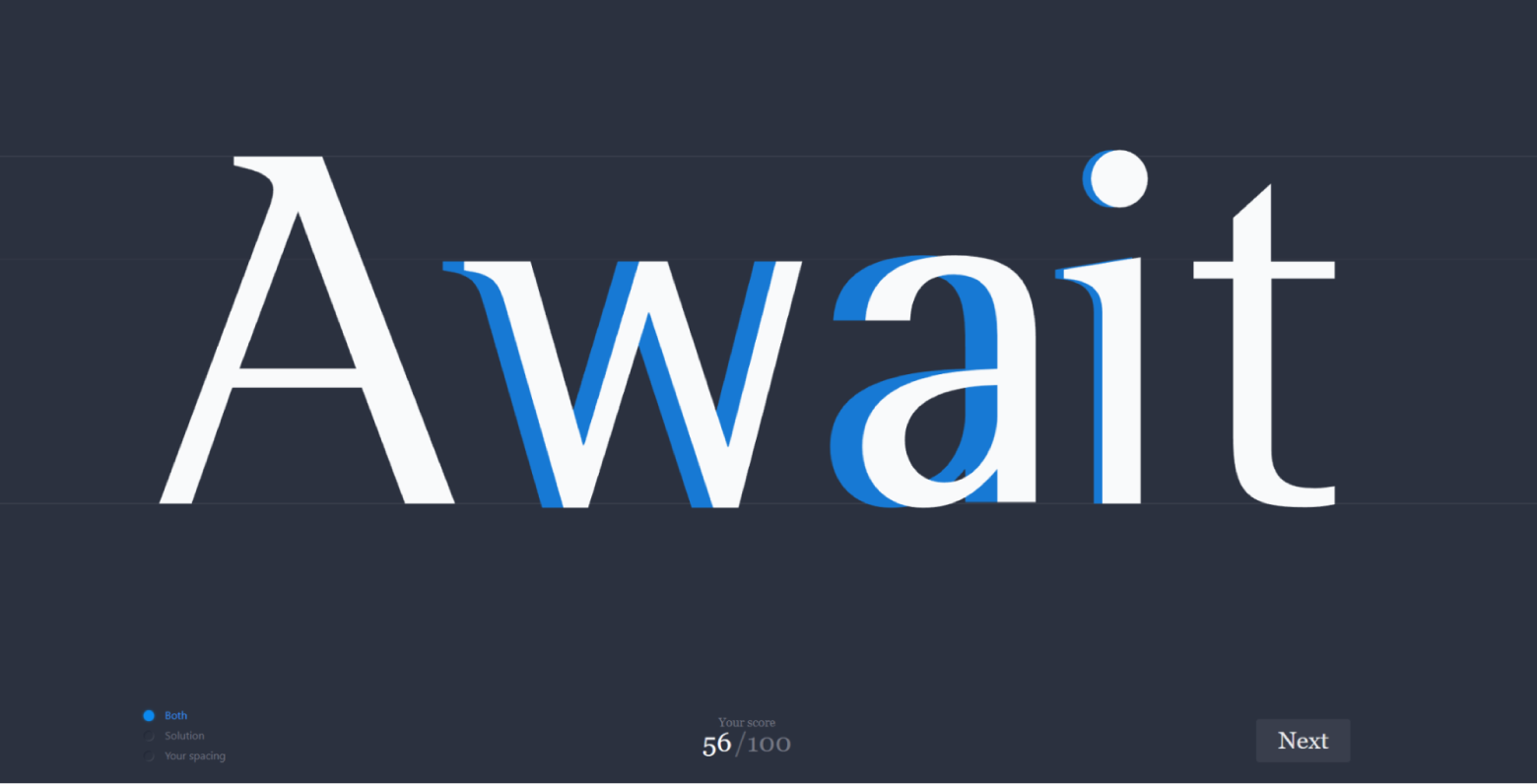 The beginning of Kern Type, an online game for designers. The word "Await" is in the center of the screen.