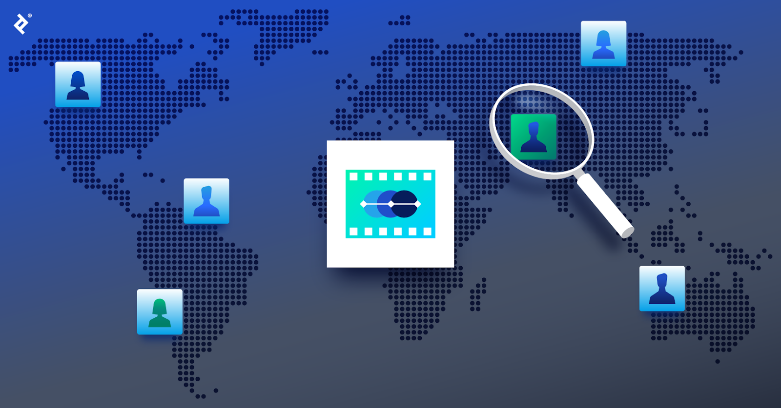 An animation design icon over a global map, with blue designer icons in various locations and a magnifying glass over a green designer icon.