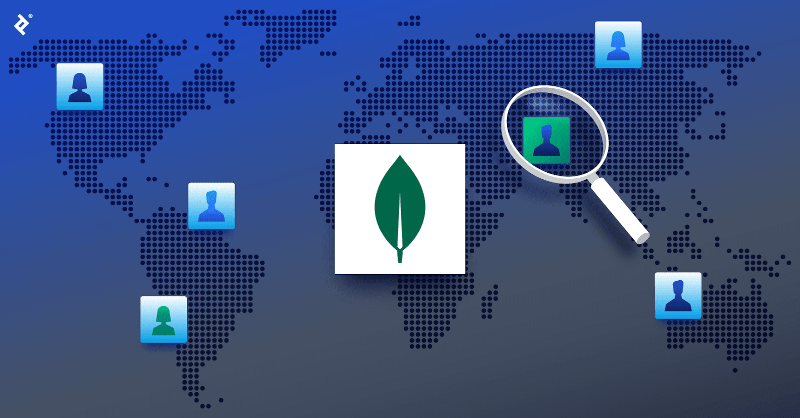 The MongoDB logo over a global map, with blue developer icons in various locations and a magnifying glass over a green developer icon.