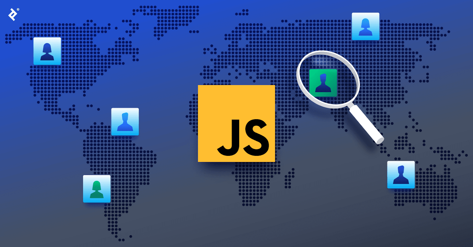 The JavaScript logo over a global map, with blue developer icons in various locations and a magnifying glass over a green developer icon.