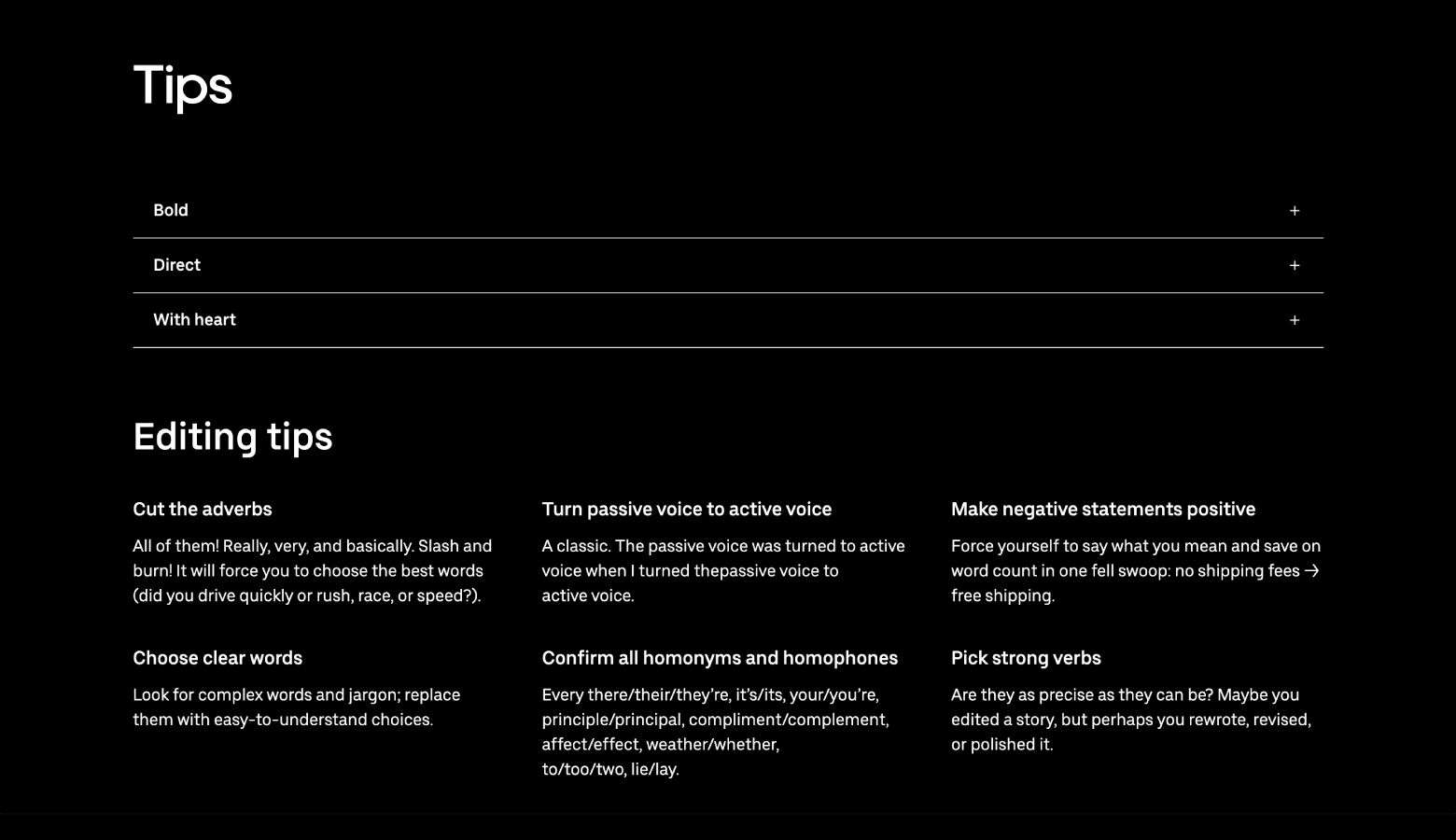 Uber’s guidelines include specifics like “choose clear words,” “pick strong verbs,” and “cut the adverbs.”