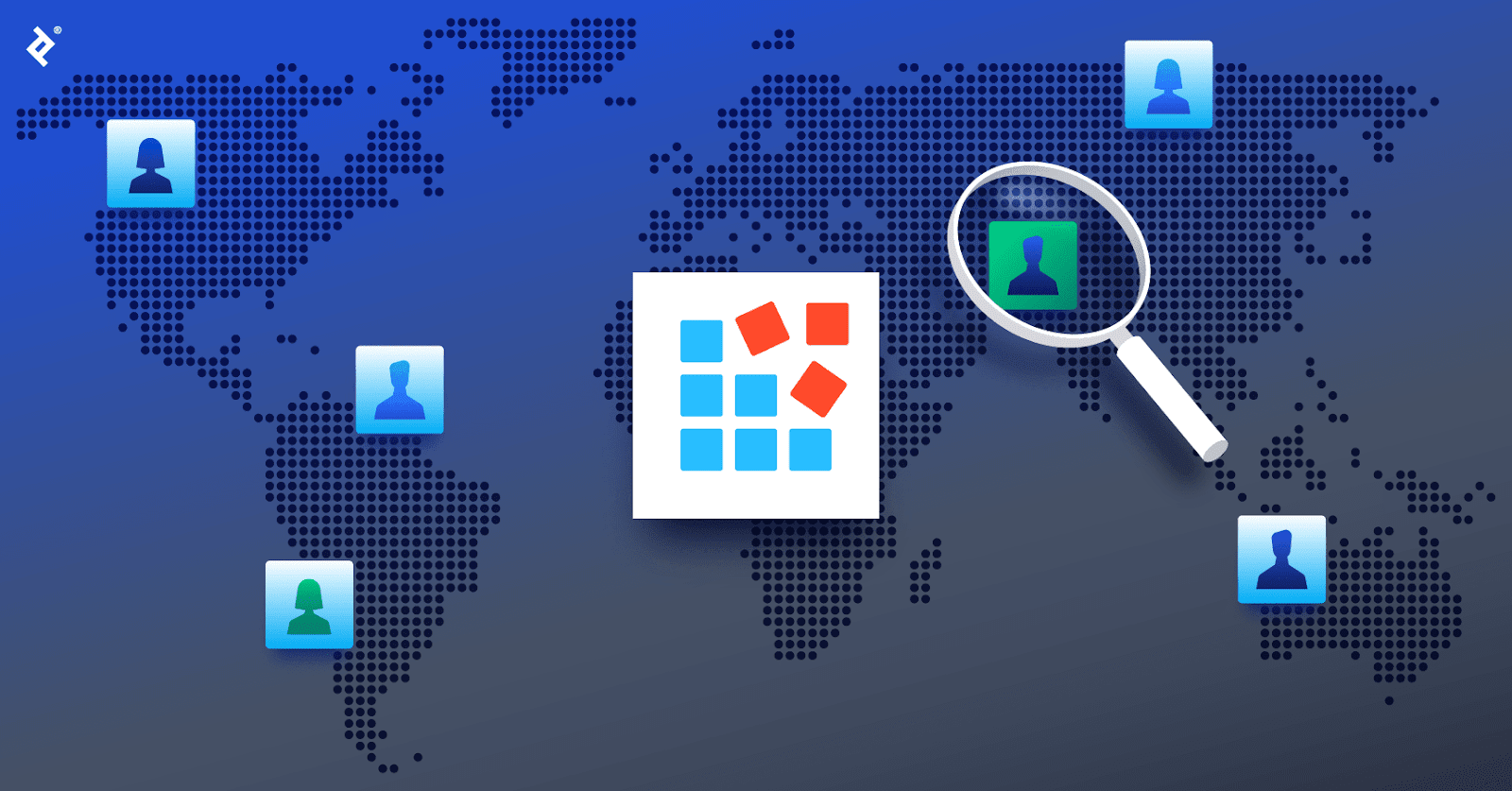 A data science icon over a global map, with blue developer icons in various locations and a magnifying glass over a green developer icon.