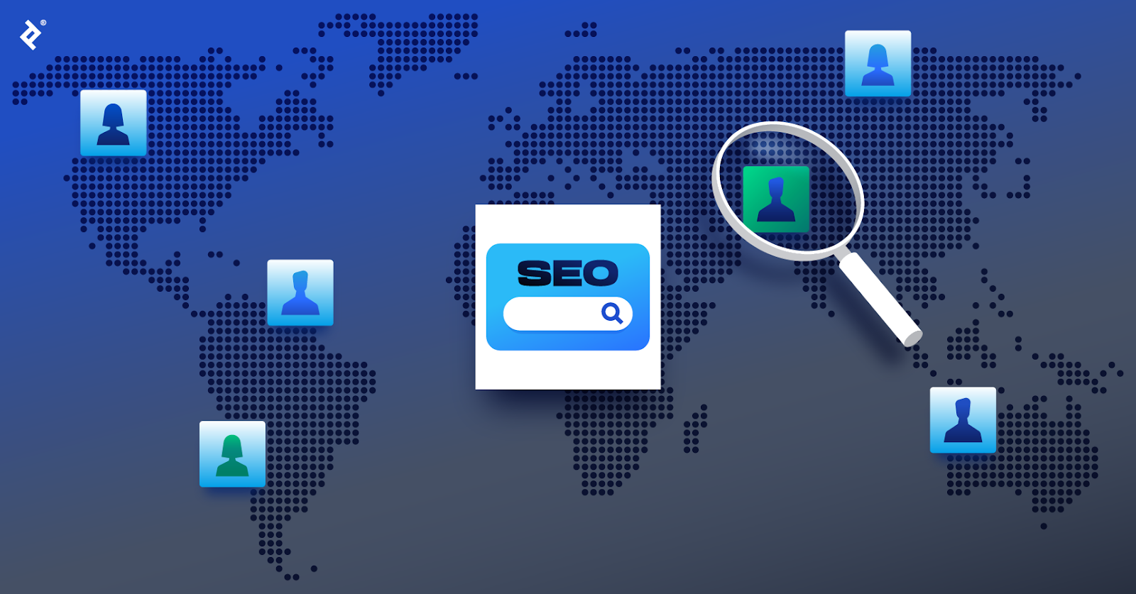 An SEO icon sits atop a global map, with blue developer icons in various locations and a magnifying glass over a green developer icon.