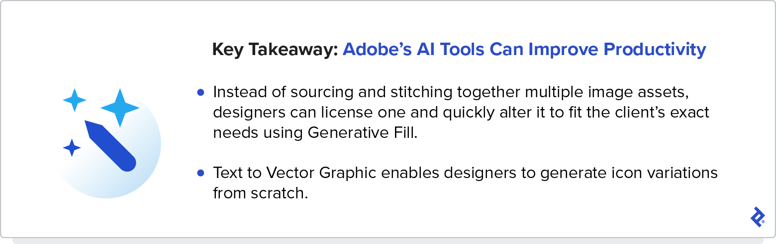 Graphic highlighting takeaways about Adobe’s AI art tools improving productivity. The text explains that designers can license a single image and use Generative Fill to customize it or use Text to Vector Graphic to create icon variations.