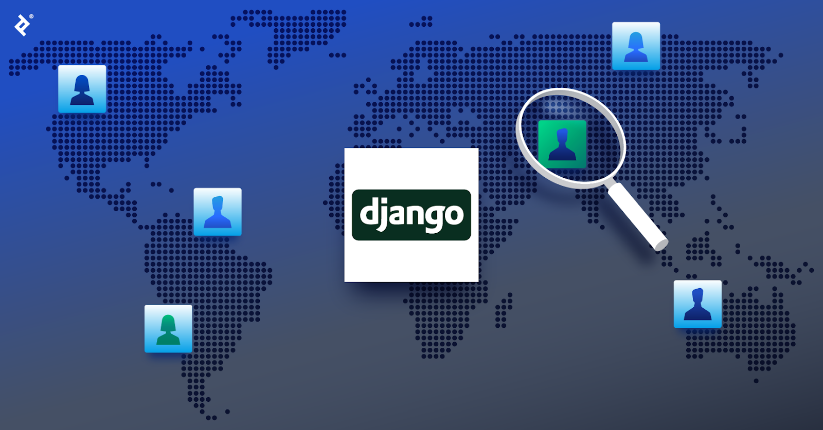 The Django logo over a global map, with blue developer icons in various locations and a magnifying glass over a green developer icon.