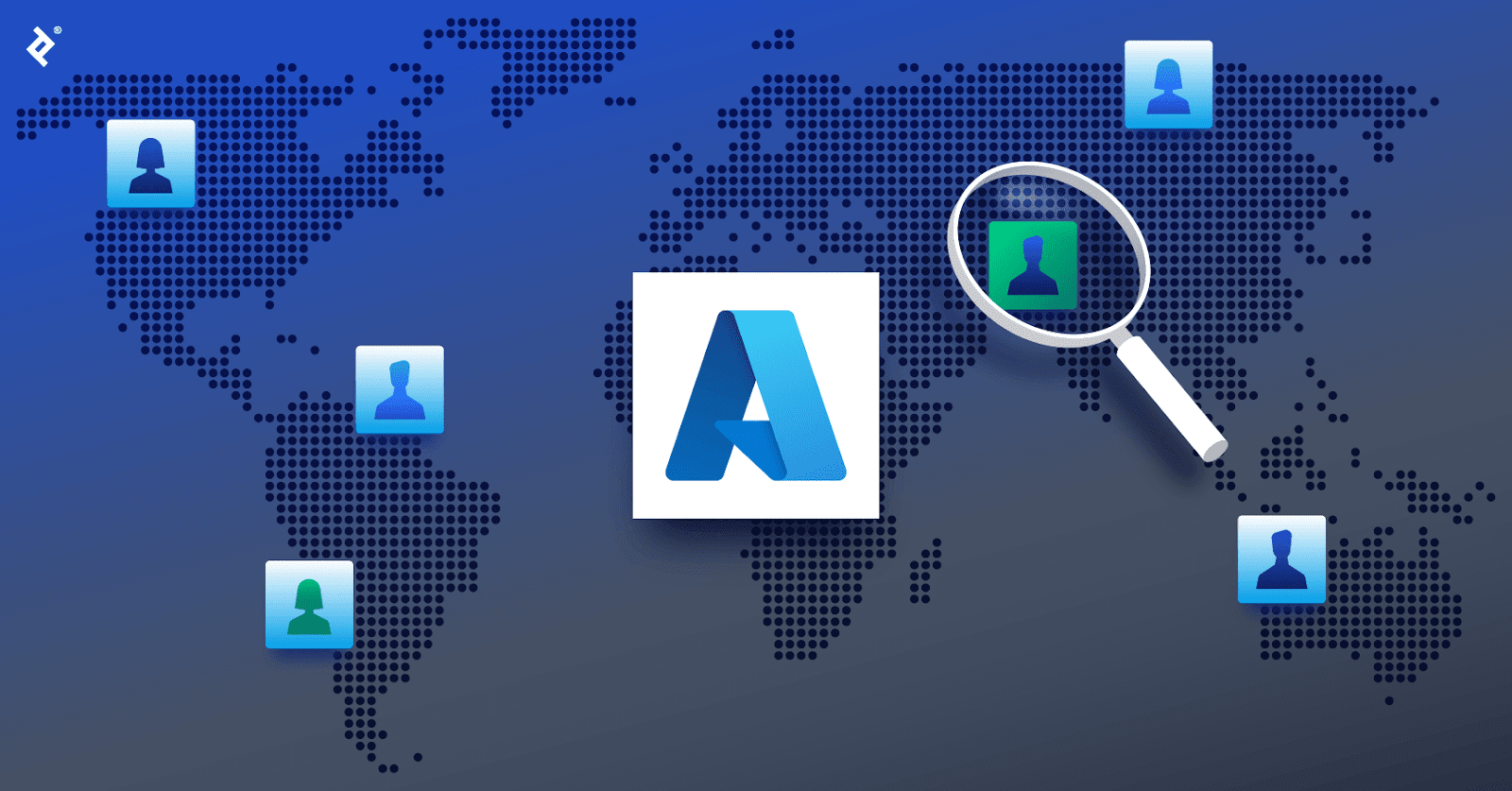 The Azure logo over a global map, with blue developer icons in various locations and a magnifying glass over a green developer icon.