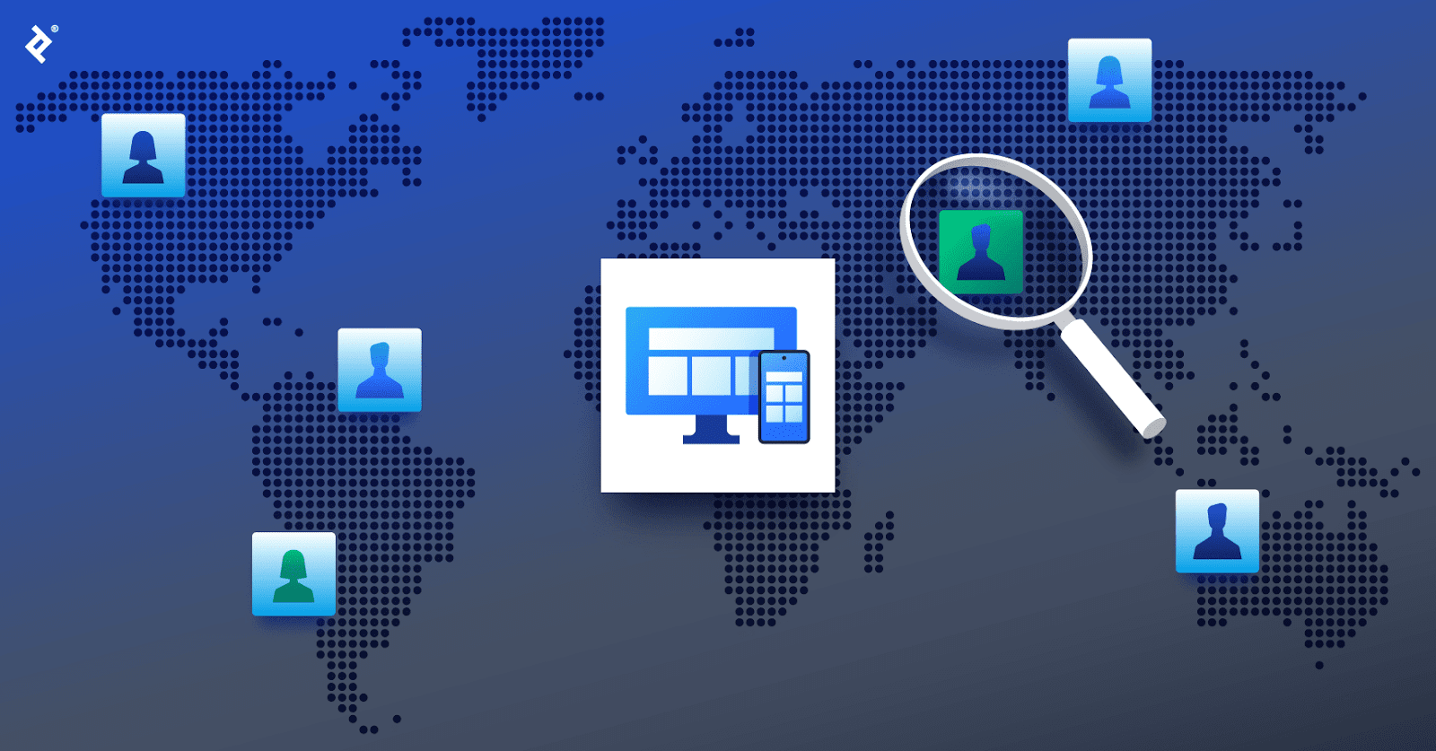 A responsive web design icon over a global map, with blue developer icons in various locations and a magnifying glass over a green developer icon.