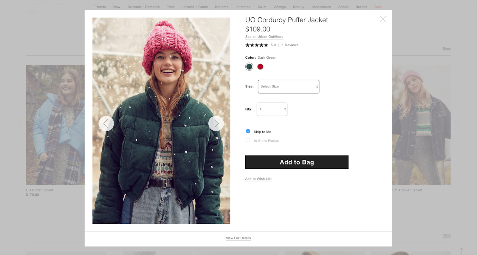 The quick view modal on an e-commerce site.