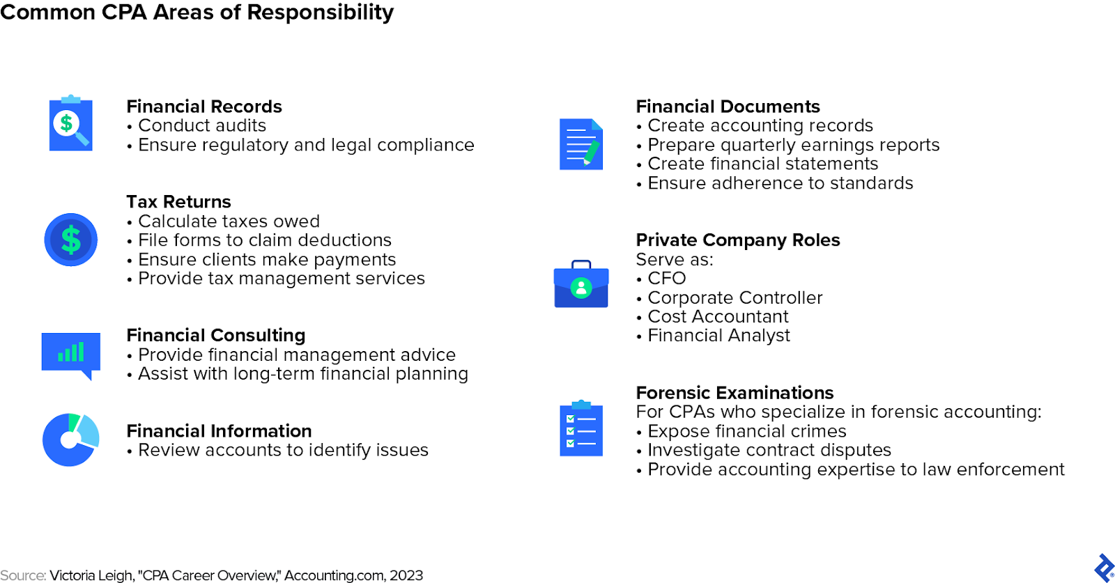 Seven common areas of responsibility for CPAs, including financial records, tax returns, private company roles, and forensic accounting.