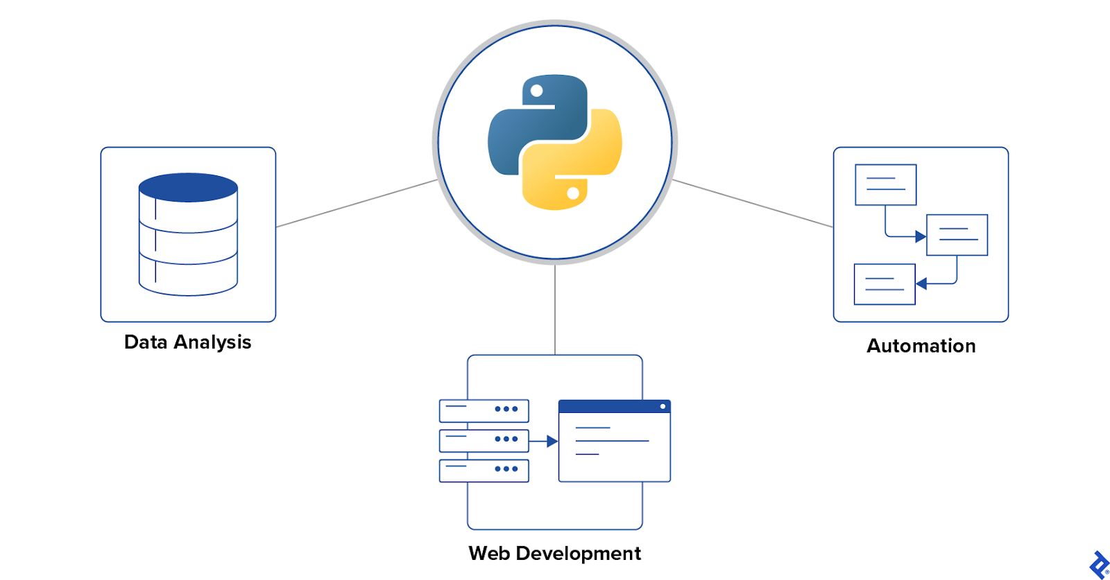 Python logo in the middle, connected with three items, labeled “data analysis,” “web development,” and “automation.”