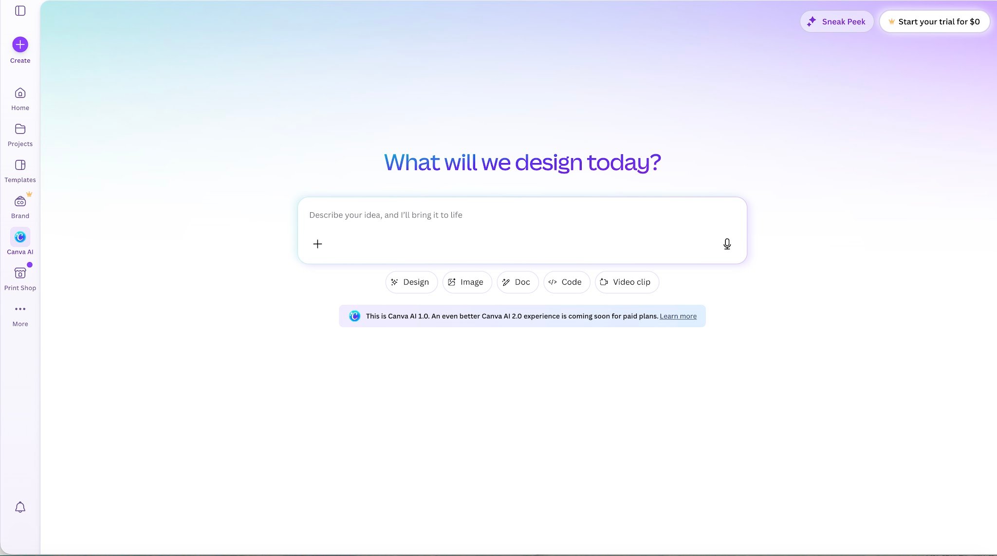 Empty state using an AI-enabled conversational prompt to guide users toward creating new content