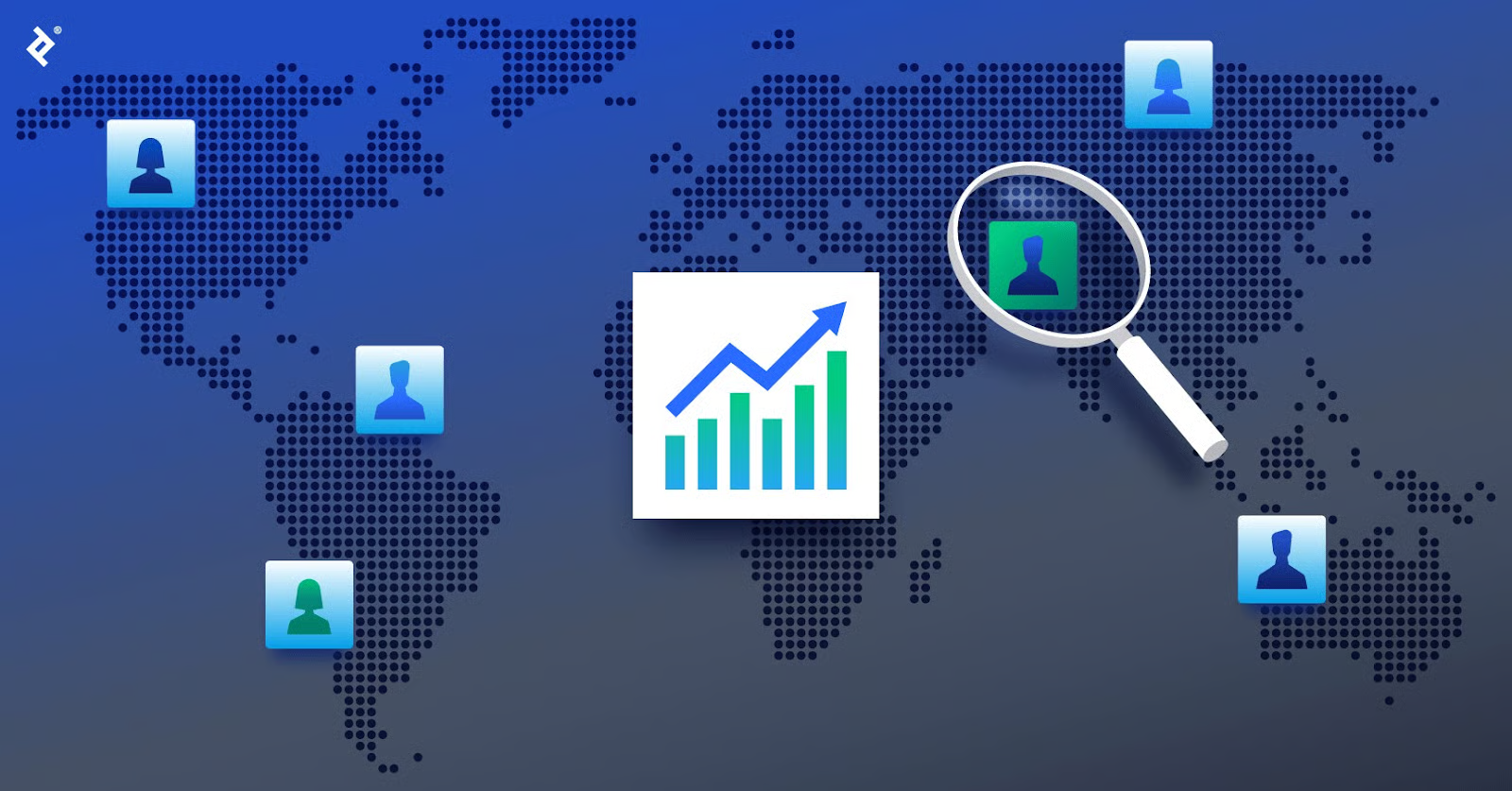 A bar chart trending upward floats over a global map, with blue consultant icons in various locations and a magnifying glass over a green consultant icon.