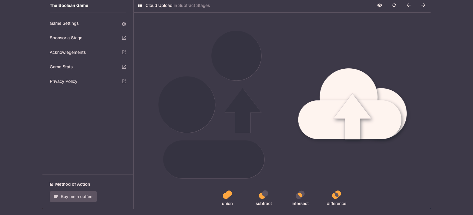 The beginning of Boolean, an online game for designers. On the left, a navigation menu. A selection of shape outlines is in the center, and a selection of white shapes is at the right.