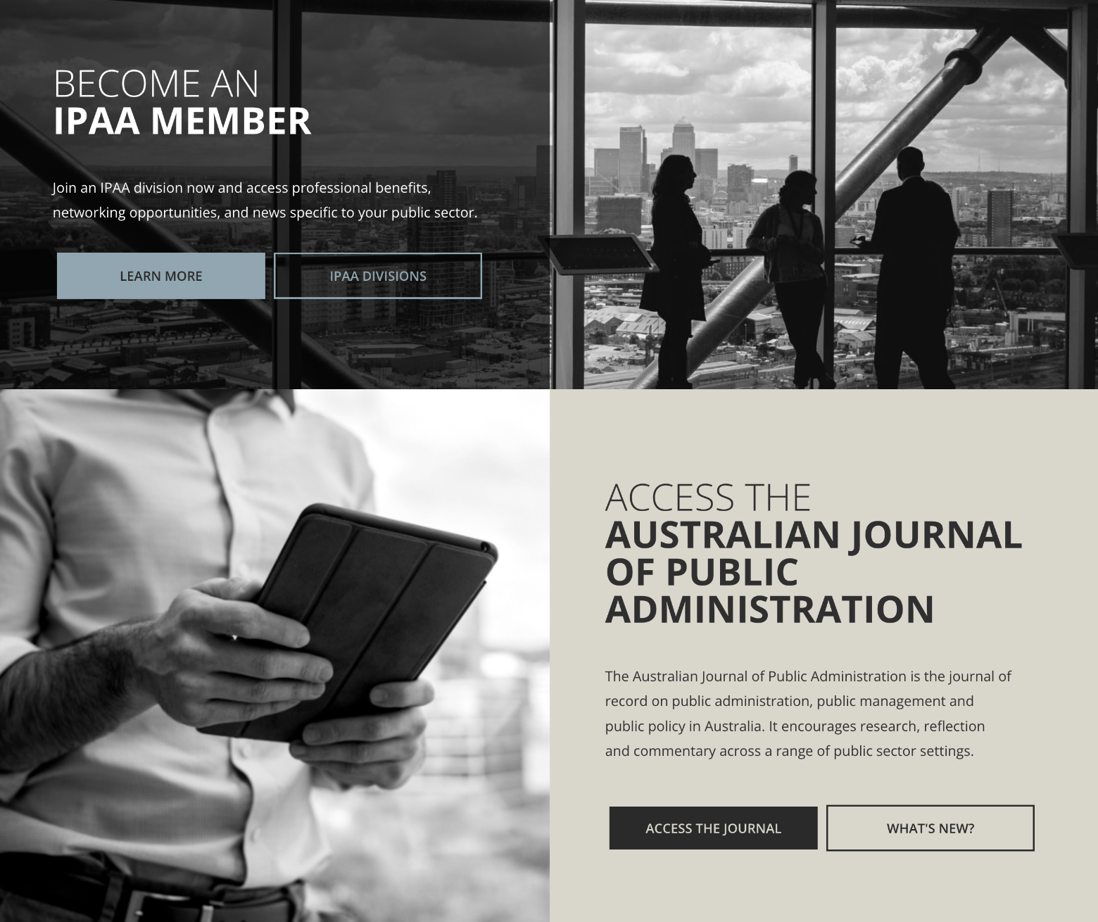 IPAA’s website shows striking black-and-white photographs contrasting with but not competing with the background colors of the text boxes beside them. The bottom section invites visitors to subscribe to the IPAA’s journal, and is paired with a photo of a man holding a tablet or an e-reader.