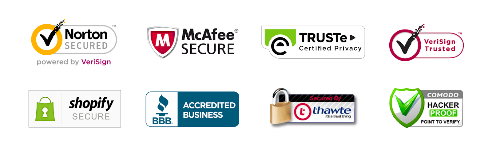 Examples of trust seals from brands like Norton, McAfee, and Shopify.