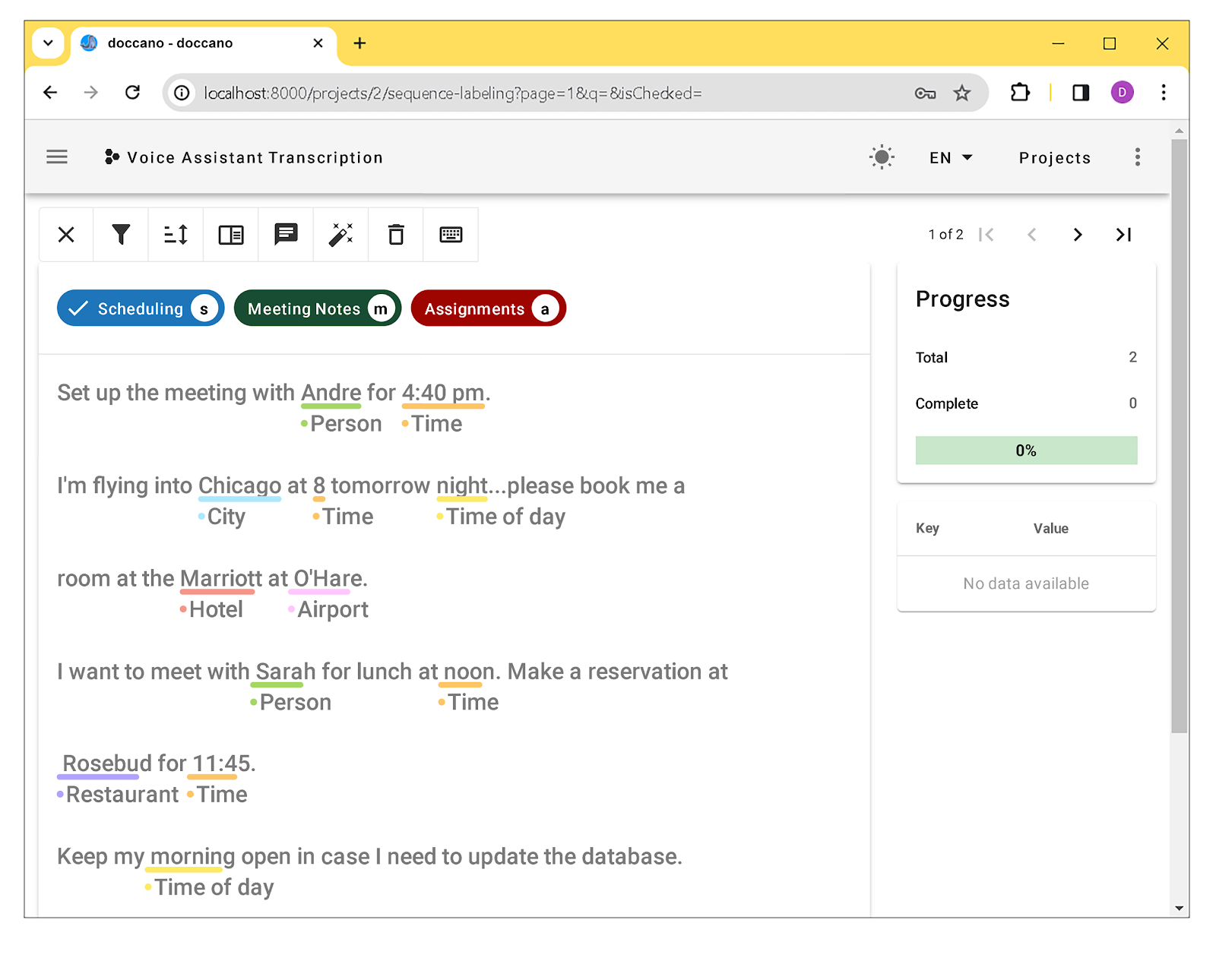 A screenshot showing the annotation of text data using Doccano, where names, times, and locations are labeled in different colors.