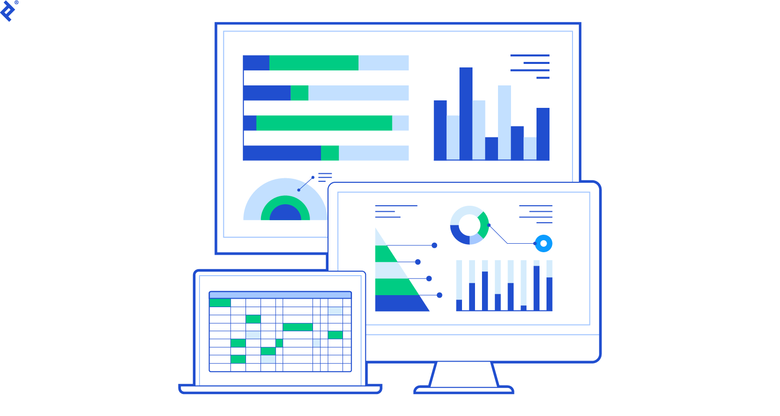 A laptop, computer monitor, and whiteboard show charts that depict financial modeling, financial projections, and KPIs.