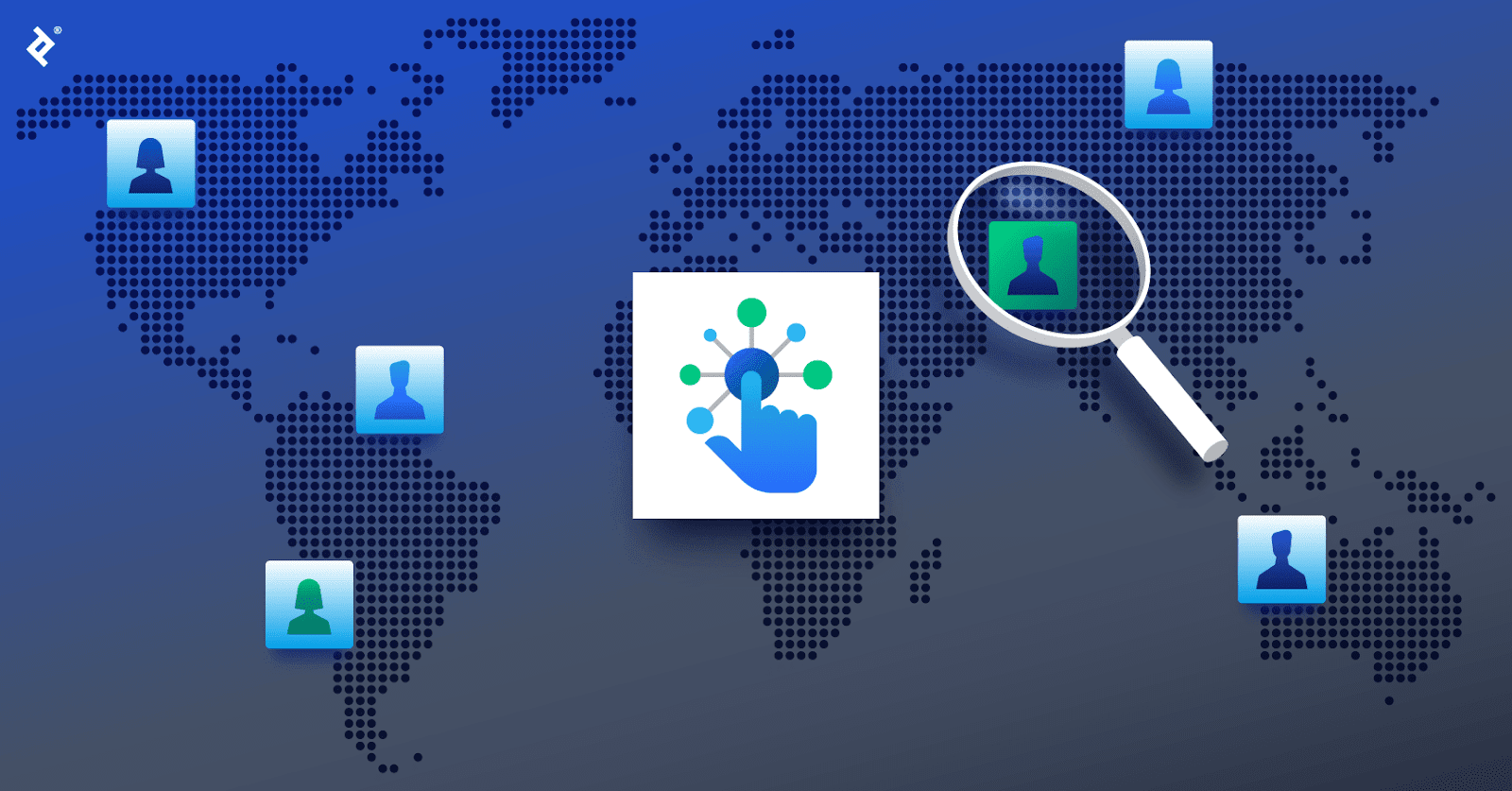 An interactive design icon over a global map, with blue designer icons in various locations and a magnifying glass over a green designer icon.