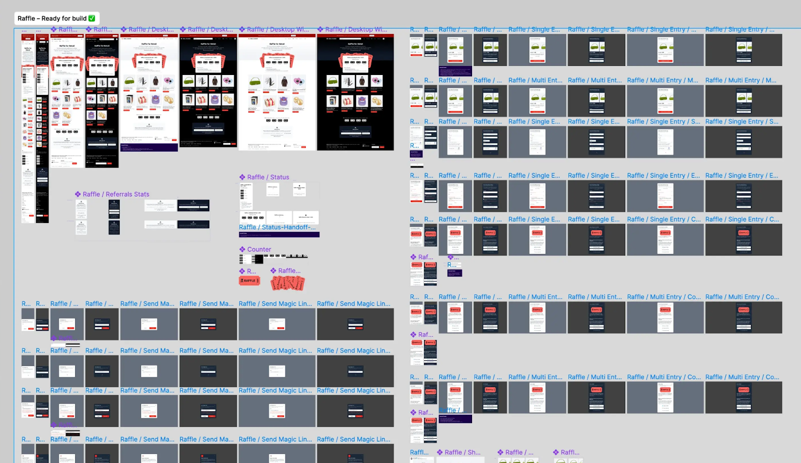 A mock-up of all design states and modals used on the raffle page of a website designed for online resellers.