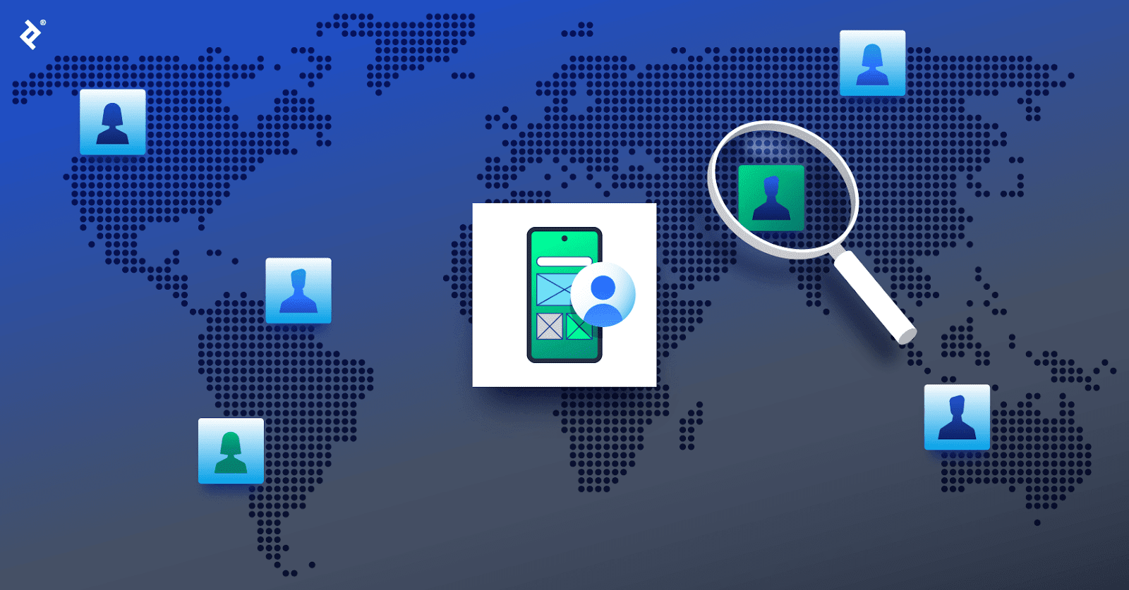 A design icon over a global map, with blue designer icons in various locations and a magnifying glass over a green designer icon.