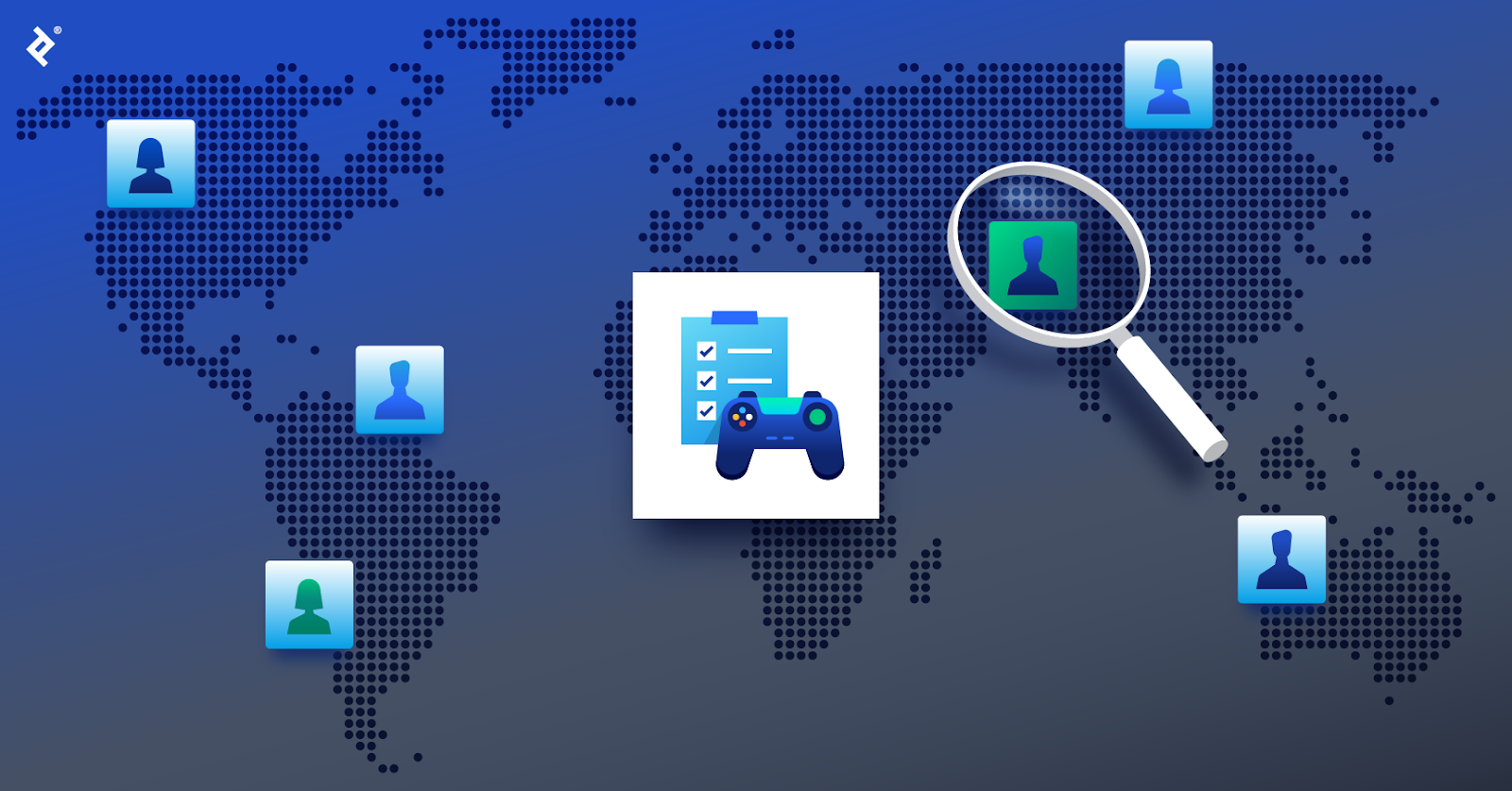 A video game tester icon over a global map, with blue developer icons in various locations and a magnifying glass over a green developer icon.