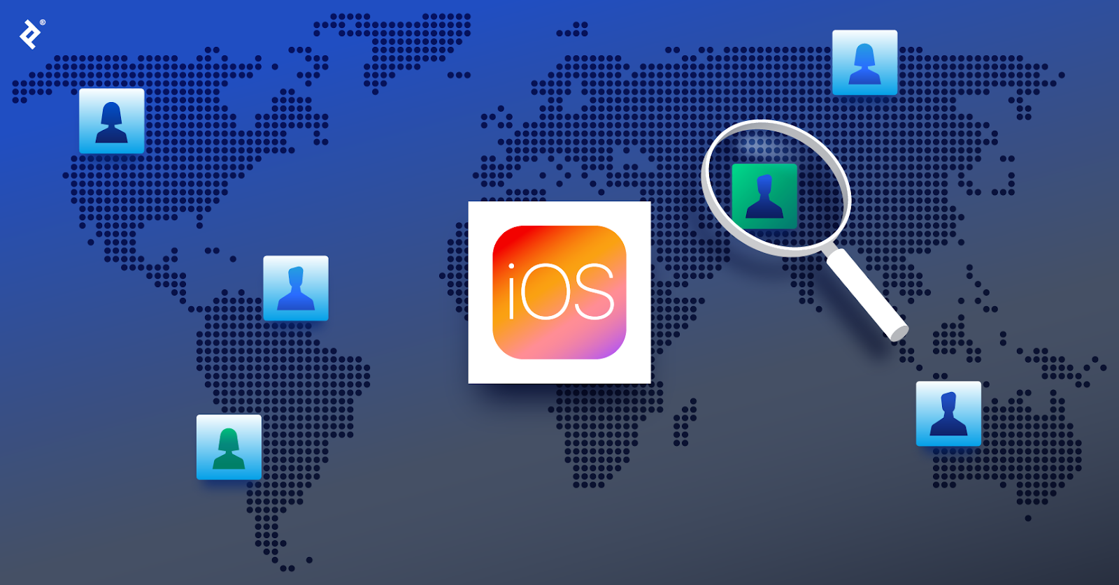 The iOS logo over a global map, with blue developer icons in various locations and a magnifying glass over a green developer icon.
