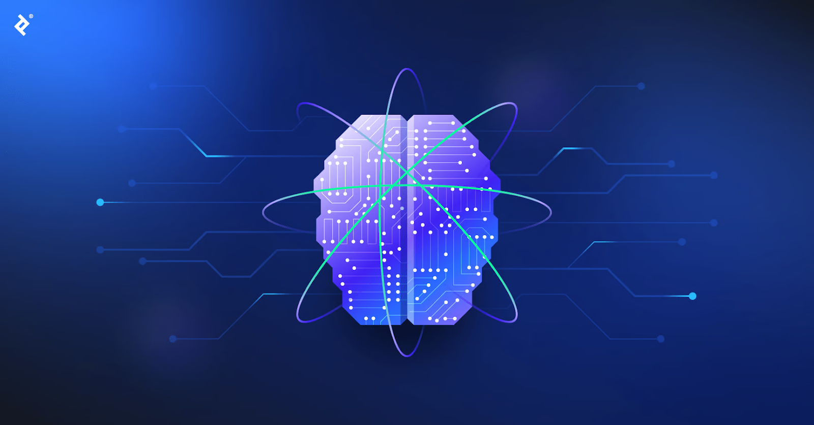 Digital brain with circuitry patterns and orbiting lines, symbolizing machine learning.
