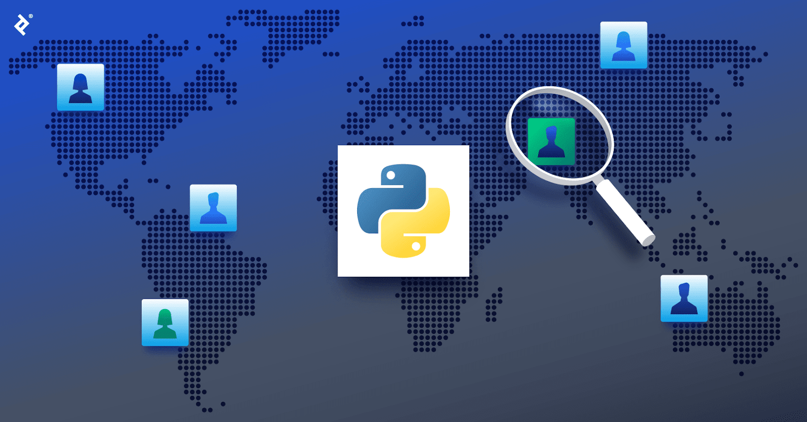 The Python logo over a global map, with blue developer icons in various locations and a magnifying glass over a green developer icon.