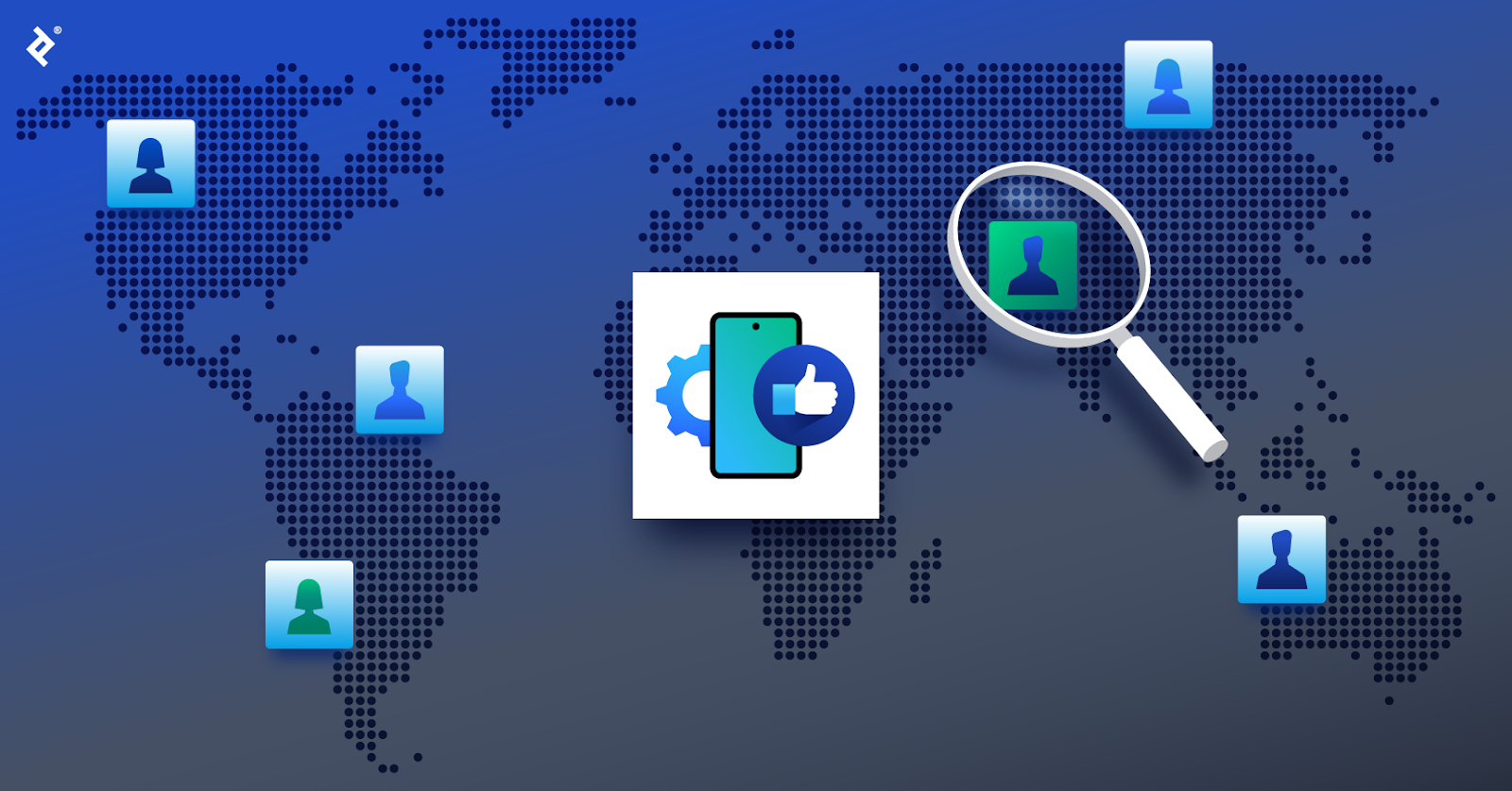 Potential talent icons are scattered across a map. In the center is a phone representing social media. A magnifying glass identifies the ideal talent.