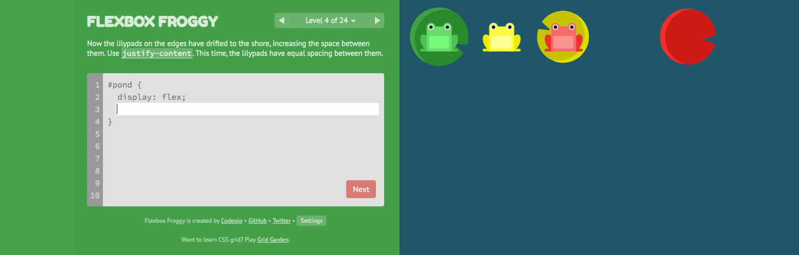 The beginning of Flexbox Froggy, an online game for designers. On the left, a code editor and instructions. On the right, four different- colored frog animations.