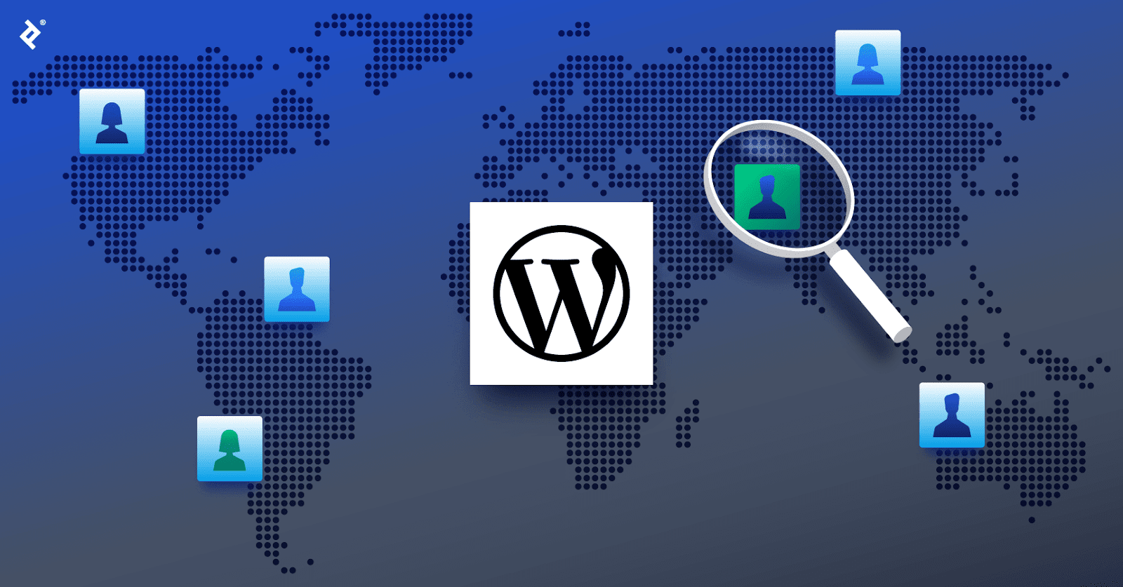 The WordPress logo over a global map, with blue developer icons in various locations and a magnifying glass over a green developer icon.